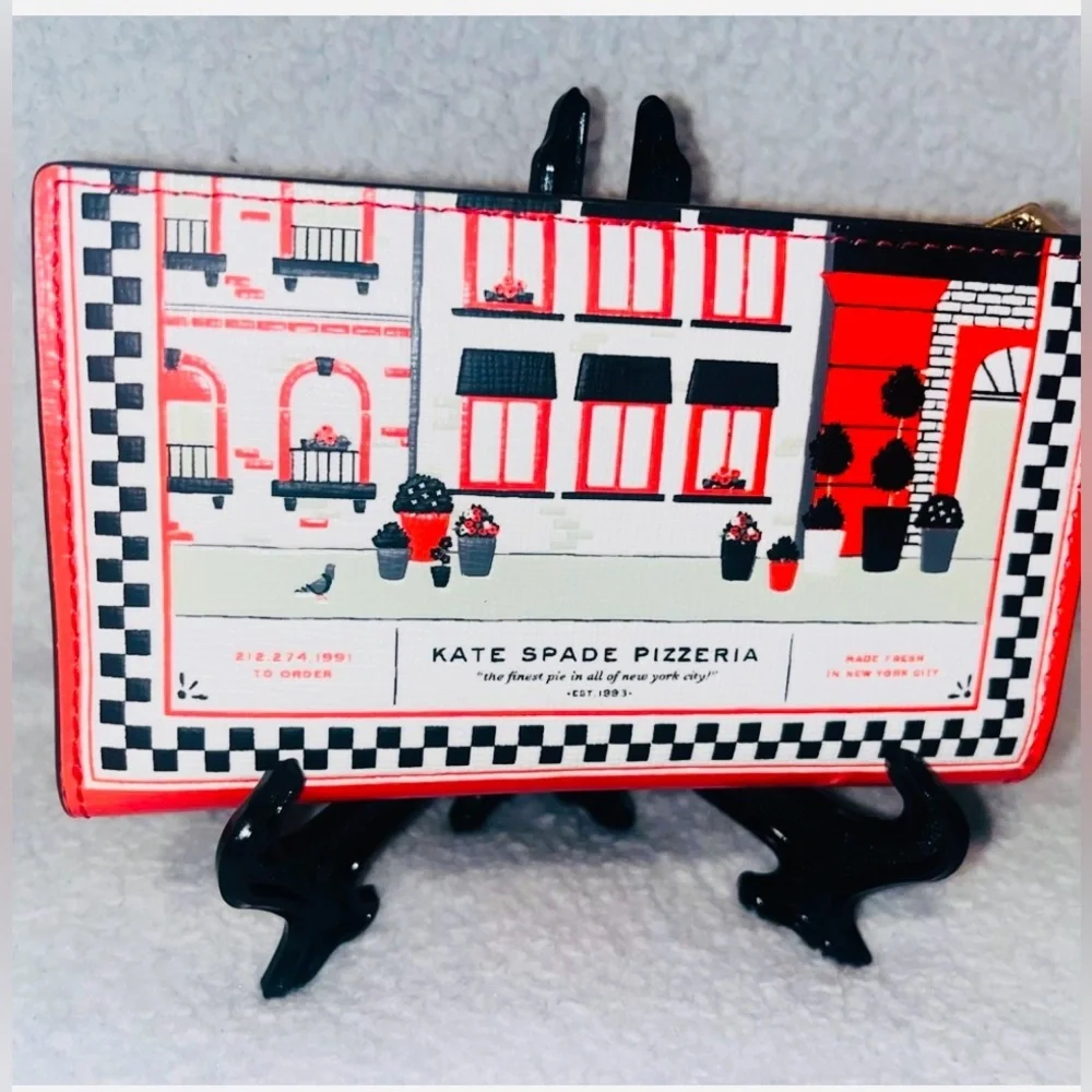 Kate Spade ♠️ Slice Pizza Shop 🍕Embossed Leather Small Slim Bifold Wallet - Picture 2 of 10